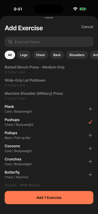 Add Exercise sheet in dark mode with a search field, body part filters, and an exercise list